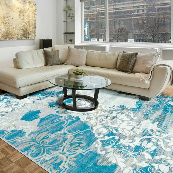 Cydiria Contemporary Abstract And Traditional Floral Faux Wool Area Rug, 5' x 8', Blue