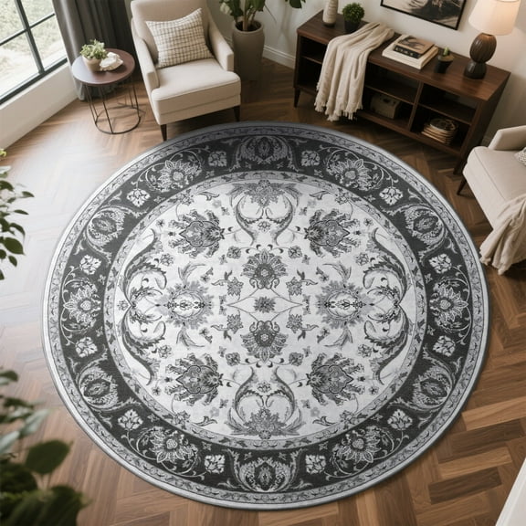 Cydiria Gray Round Persian Medallion Area Rug Floral Pattern Print Low-Pile Carpet for Living Room, 4' x 4'
