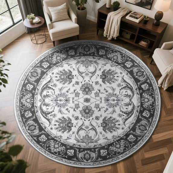 Cydiria Gray Round Persian Medallion Area Rug Floral Pattern Print Low-Pile Carpet for Living Room, 6' x 6'