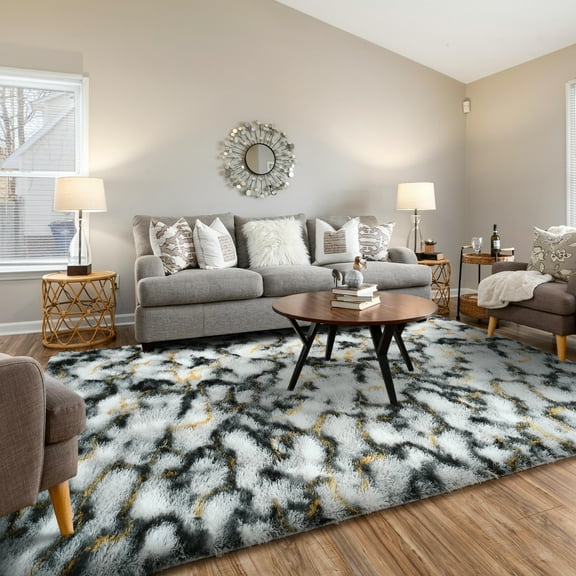 Cydiria Gray and Gold Shag Area Rug Abstract Lines Pattern Print Fluffy Carpet for Living Room, 5' x 8'