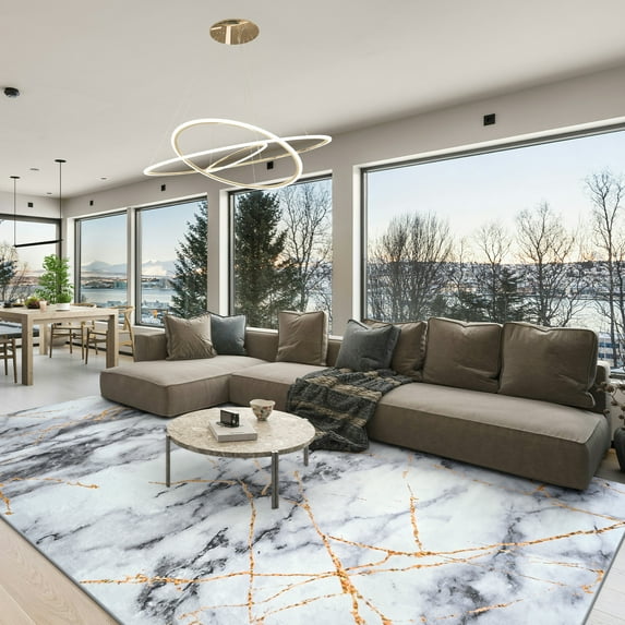 Cydiria Modern Abstract Marble Faux Wool Area Rug, 4' x 6', Golden Gray