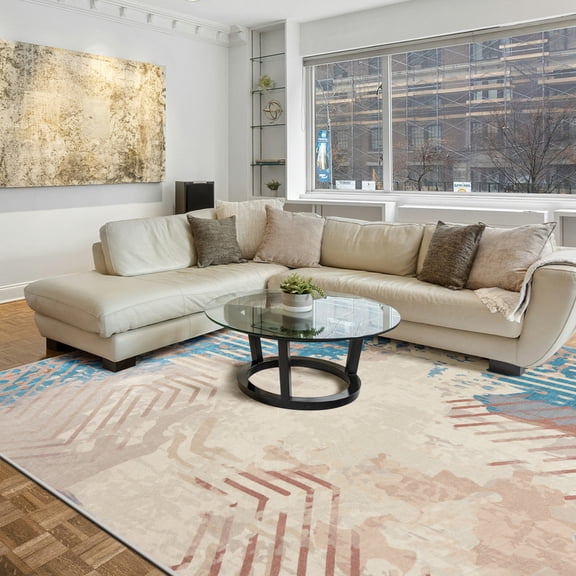 Cydiria Modern Abstract Patterned Geometric Faux Wool Area Rug, 4' x 6', Beige Blue