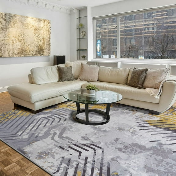 Cydiria Modern Abstract Patterned Geometric Faux Wool Area Rug, 5' x 8', Gray Yellow