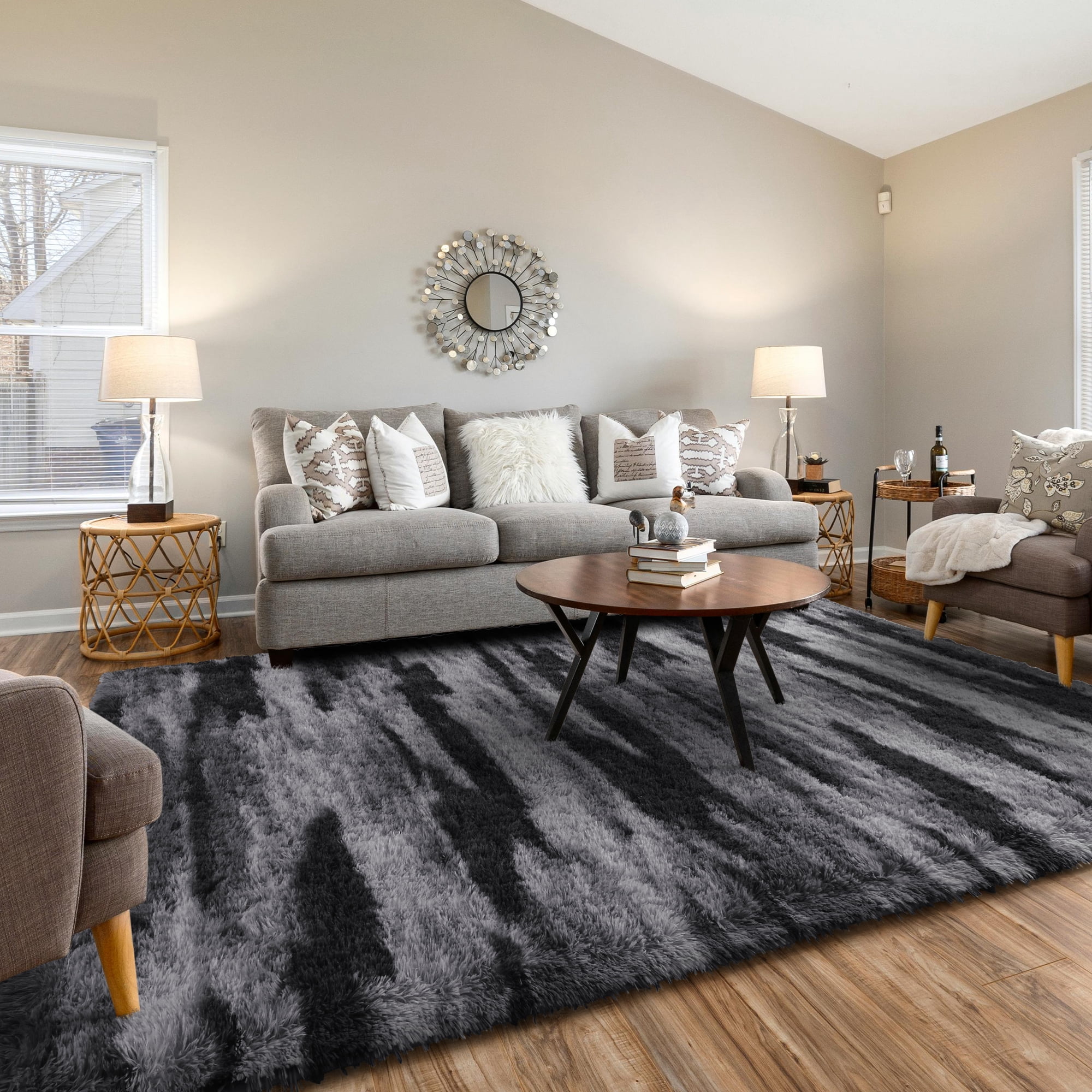 Cydiria Modern Charcoal Plush Area Rug Scandinavian Shaggy Carpet