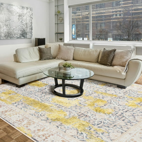 Cydiria Modern, Distressed Vintage Faux Wool Area Rug, 8' x 10', Gold