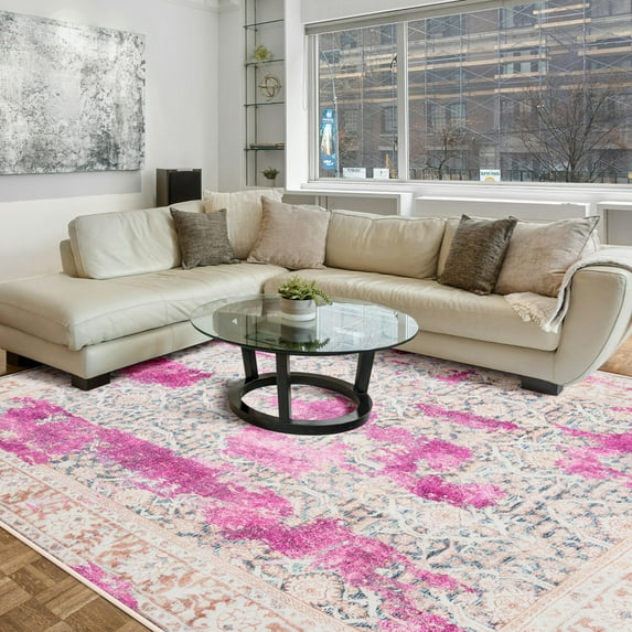 Cydiria Modern, Distressed Vintage Faux Wool Area Rug, 8' x 10', Pink
