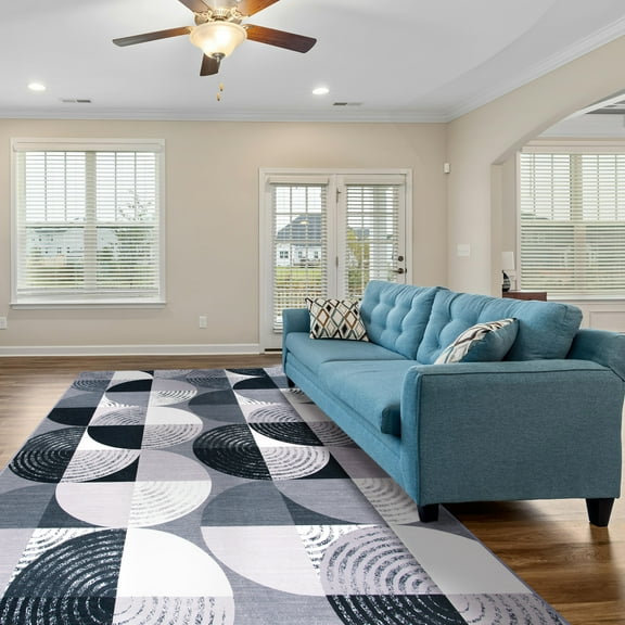 Cydiria Modern Geometric Circles Milk Velvet Area Rug, 5' x 8', Black