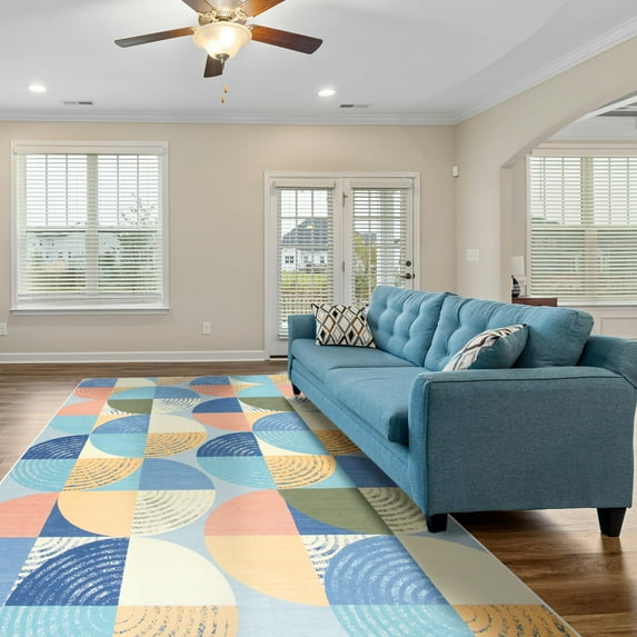 Cydiria Modern Geometric Circles Milk Velvet Area Rug, 5' x 8', Blue