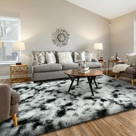 Cydiria Modern Soft Fuzzy Black and White Print Shag Area Rug Fluffy Carpet for Living Room, 6' x 9'