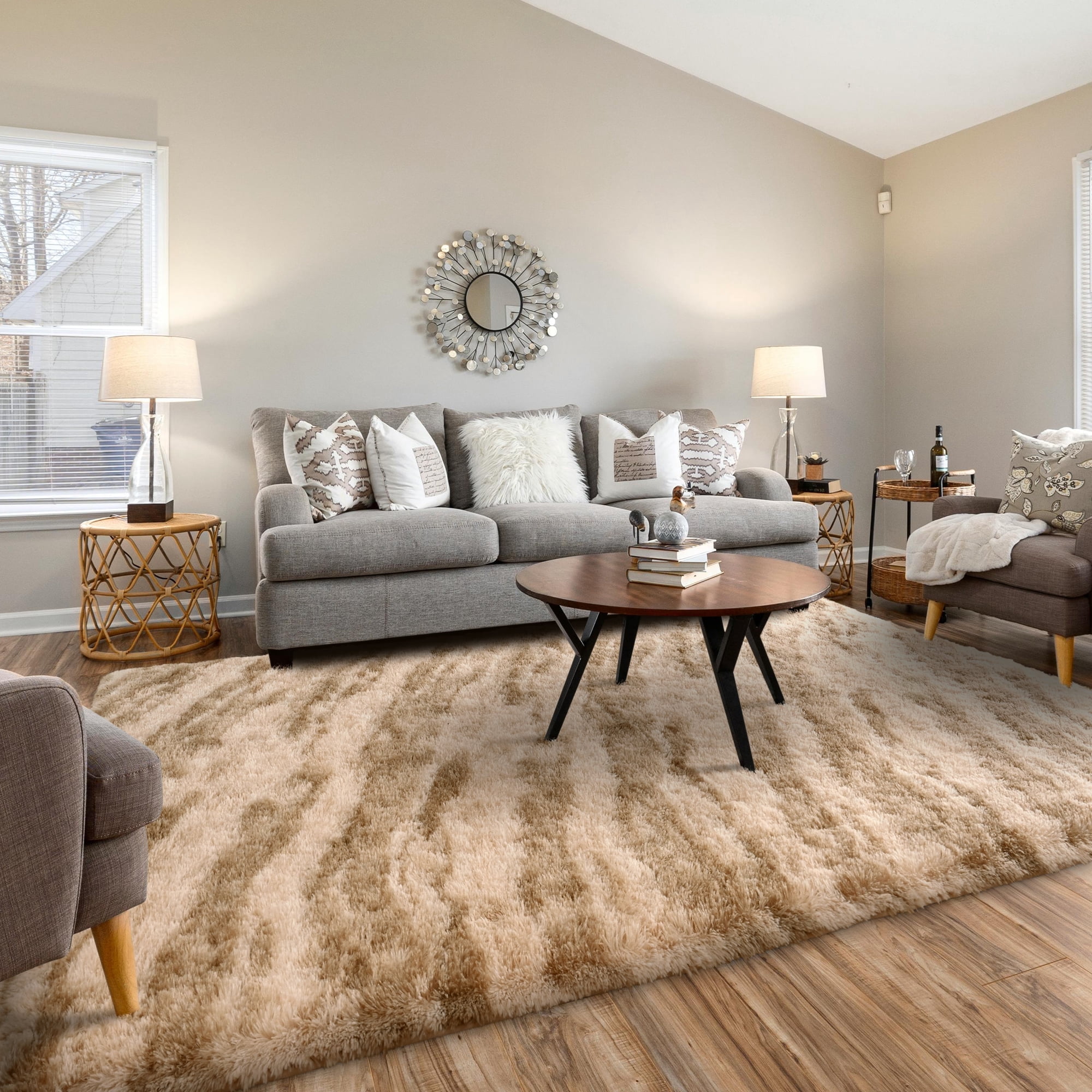 Cydiria Modern Warm Beige Plush Area Rug Scandinavian Shaggy Carpet for Living Room, 4' x 6'