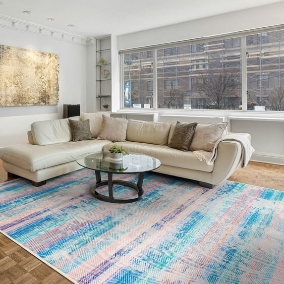 Cydiria Soft Modern Geometric Striped Boho Plush Area Rug, 6' x 9', Blue/Pink