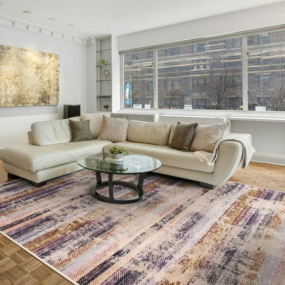 Cydiria Soft Modern Geometric Striped Boho Plush Area Rug, 6' x 9', Mauve/Taupe