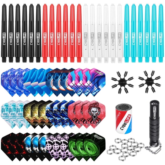 CyeeLife Complete Dart Accessories Kit – 24 Plastic Dart Shafts, 36 Custom CYEELIFE PET Flights, Broken Shaft Remover, Flight Protectors, Silver O-Rings & Dart Sharpener