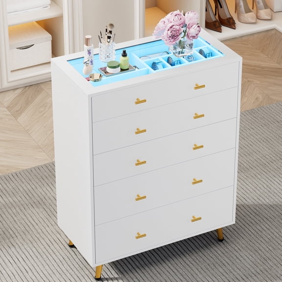 Cyehnenx 5 Drawer Dresser for Bedroom, Tempered Glass Top Dresser with LED Lights, Modern Chest of Drawers for Bedroom, Closet, Living Room, 30.7” W x 15.7” W x 38” H, White