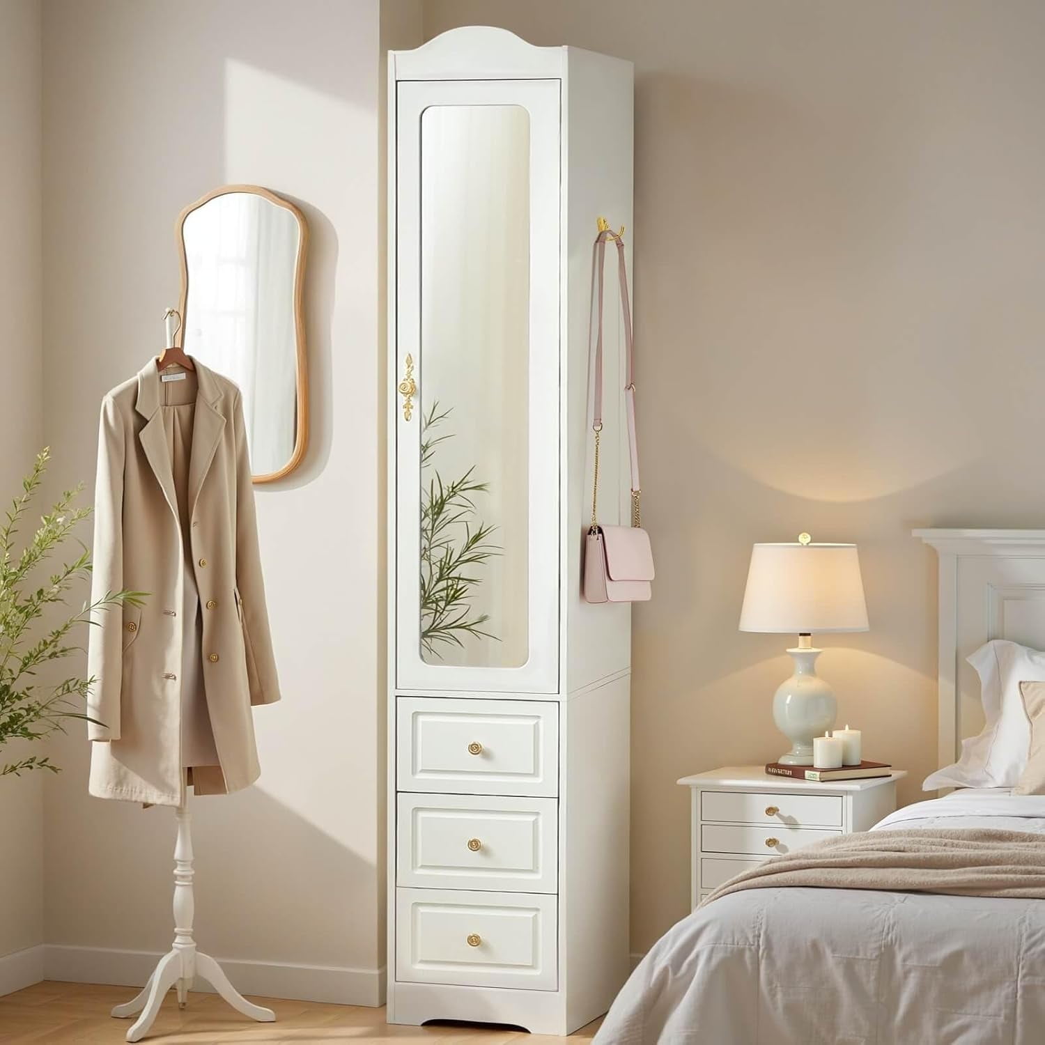 Armoire Wardrobe Closet with Mirror Door and 3 Drawers, 69.5" H Wood Bedroom Clothing Storage Cabinet with Hanging Rod & Sensor Light, White