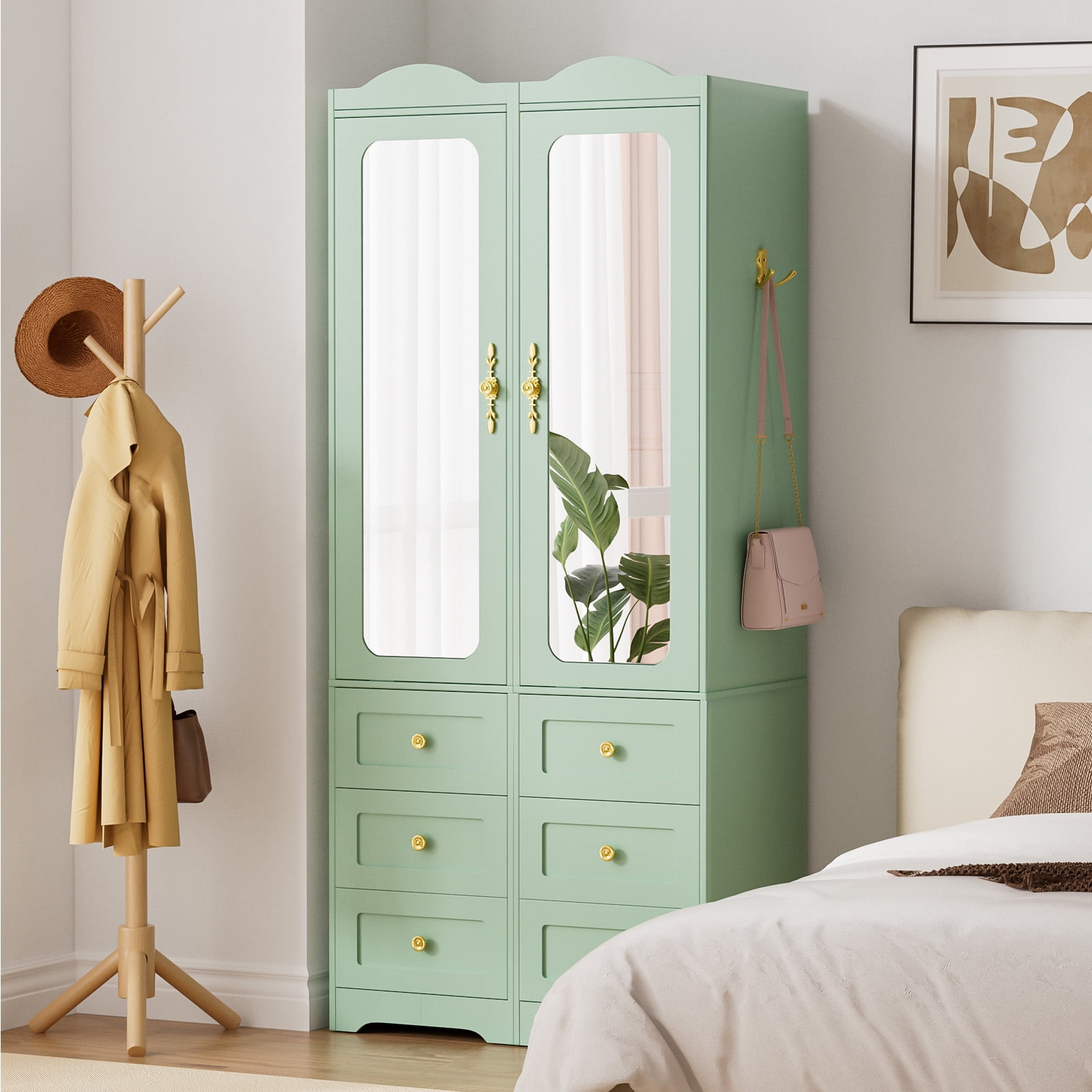 PAKASEPT 4-Door Armoire Wardrobe With Mirror & LED Light - Wooden Storage Closet For Bedroom