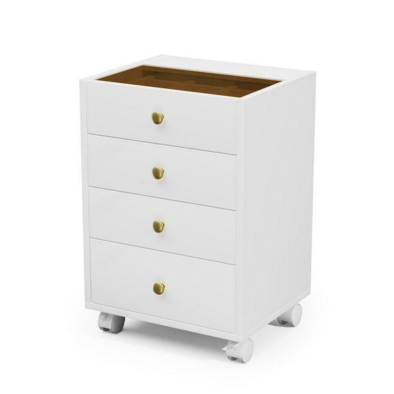 Cyehnenx Under Desk Storage, Small Chest of 4 Drawers, Home Office Vertical File Cabinet with Glass Top, Mobile Printer Stand with Lockable Wheels for Home Office Study, White