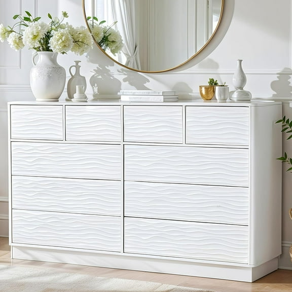 10 Drawers Dresser for Bedroom, Double Chest of Drawer Dresser, 55" Large Storage Space, Press-to-Pop, White