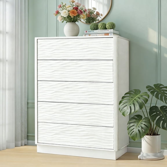 Dresser for Bedroom, 43" Tall 5 Drawer Dresser, Chest of Drawer, Modern Storage Cabinet for Kids and Adults, White