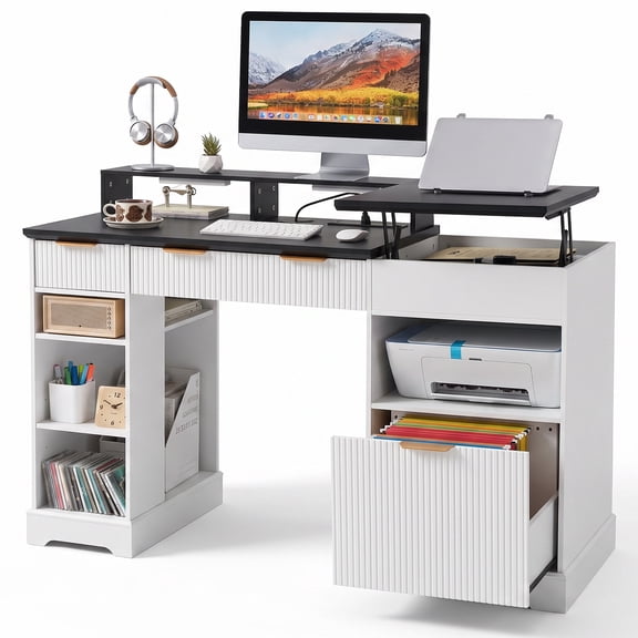 Cyehnenx Executive Desk, 55" Fluted Home Office Desk with Lift Top, File Drawers, Sensor Lights, Gaming Desk with Charger, White & Black