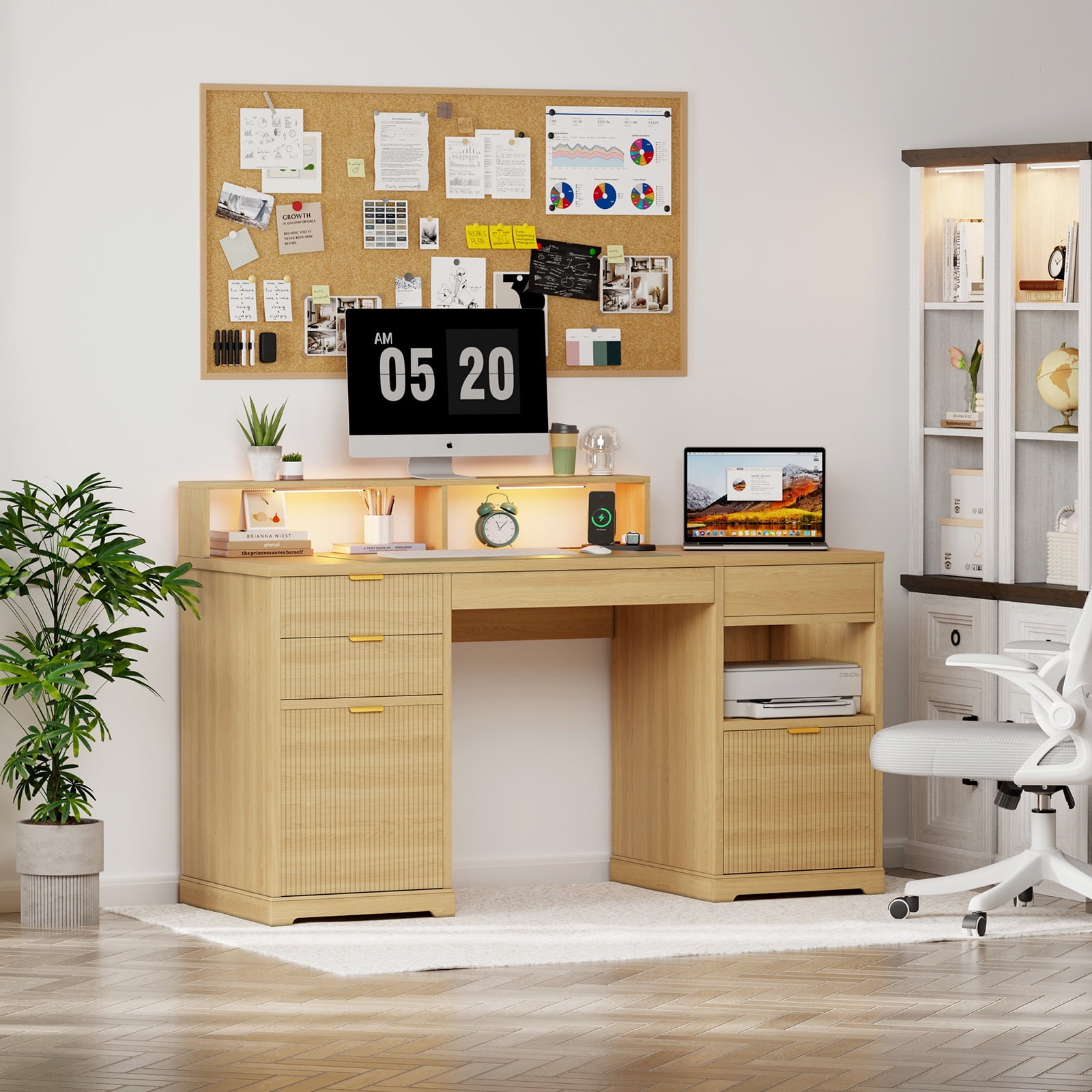 Cyehnenx Executive Desk with Lift Top, 63" Fluted Home Office Desk with LED Light, Charger, 3 File Drawers, Farmhouse Gaming Desk, Wood