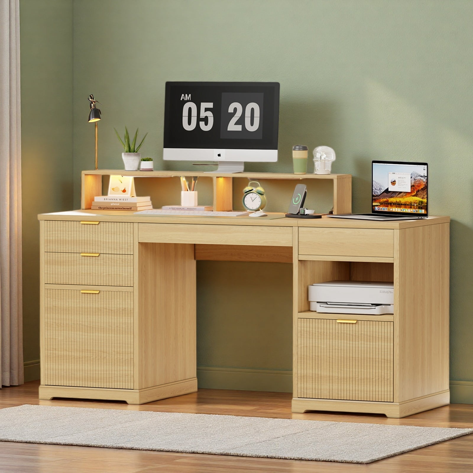 Cyehnenx Executive Desk with Lift Top, 63" Fluted Home Office Desk with LED Light, Charger, 3 File Drawers, Farmhouse Gaming Desk, Wood