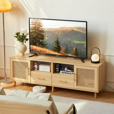Cyehnenx Rattan TV Stand for 75in TV, Mid-Century Entertainment Center with LED Light, Power Outlet, Wood