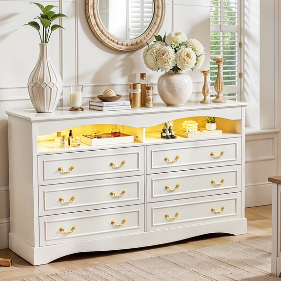 Cyehnenx Vintage 6 Dresser, 55" Wide Wood Rustic Chest of Drawers with LED Lights, Open Shelves, Victorian & Vintage Dressers for Bedroom,  Living Room, Entryway, Hallway, White