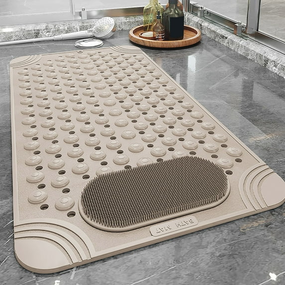 Cyence Anti-Slip Mat, Foot Scrubber Shower Mat With Pumice Feet Scrub Stone Bathtub Mat With Antislip Suction Cups and Drain Holes Non Slip Bath Mat With a Pumice Stone For Feet Massage Beige