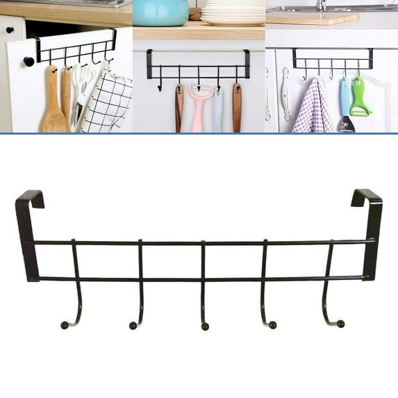Cyenie Black No-Nail Five-Link Cabinet Door Back Hook Coat Hook, Over Door Hanger 5 Hooks Stainless Clothes Bathroom Hooks Organizer Hanging Kitchen Dining & Bar Black