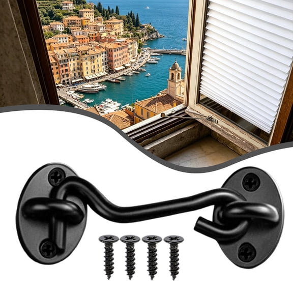 Cyenie Cabin Hook Latch, Steel, Sliding Barn Door, Window Security, Screen Door Lock, Hardware Kit with Screws (Black)