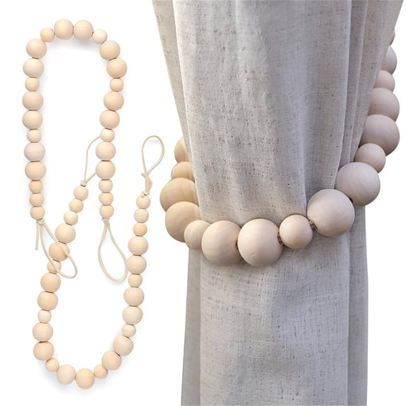 Cyenie Curtain Tiebacks Set Natural Wood Bead Ties, Hooks Included Bedroom Decor with 2 Holdbacks, Style A