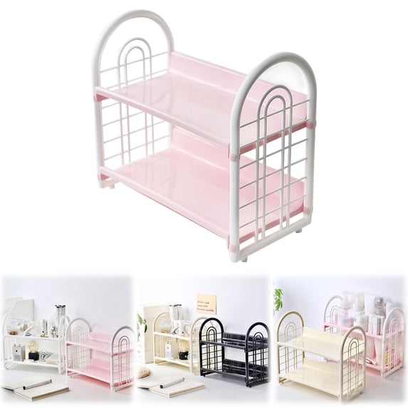 Cyenie Double Layer Desktop Storage Rack Desk Bookshelf Organizer, 2 Tier Hollow Tabletop Shelf for Dormitory Office, Pink