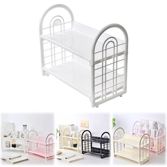 Cyenie Double Layer Desktop Storage Rack Desk Bookshelf Organizer, 2 Tier Hollow Tabletop Shelf for Dormitory Office, White