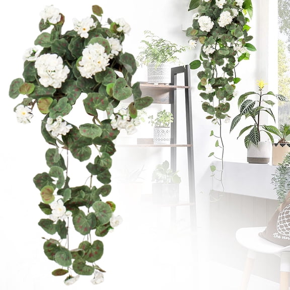 Cyenie Flowering Geranium Artificial Hanging Plant, Realistic Silk Flowers Vine for Home Decor, Faux Ivy for Wedding Arch Garden, White