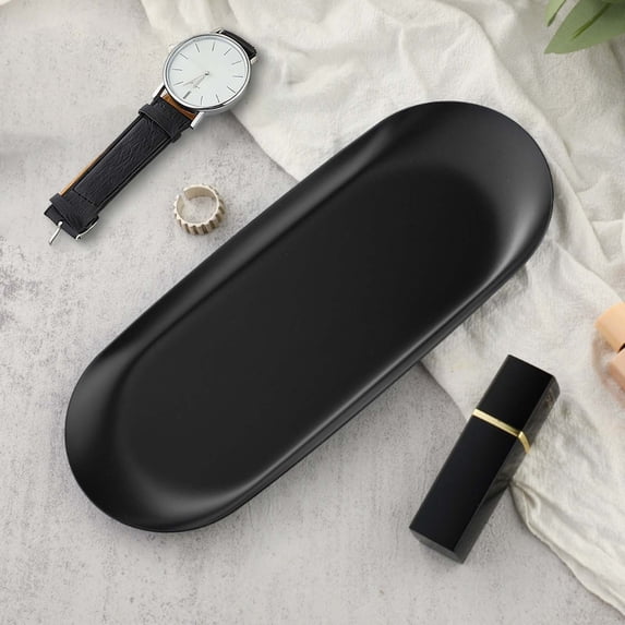 Cyenie Oval Stainless Steel Trinket Tray Black 23X9.5cm, Small Serving Dish for Jewelry Perfume Keys Home Bathroom Vanity Organizer