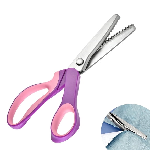 Cyenie Stainless Steel Pinking Shears, Zig Zag Scalloped Craft Scissors for Decorative Edge and Dressmaking, Comfort Grip Shears for DIY Fabric Projects (Pink Purple Triangle)