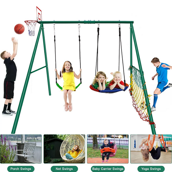 Cyfie Outdoor Metal Swing Sets for Kids,4 in 1 Heavy Duty Swing Sets, Boys Girls Playground Sets for Backyard Garden Park, Childrens Backyard Swing Sets