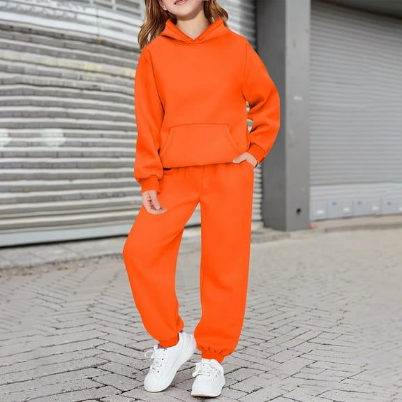 Cyglowse 2 Piece Sweatsuits for Teen Girls Plain Fleece Hoodies Sweatpants Joggers Set Warm Casual Pullover Tracksuits Outfits Saffron 10-11Y