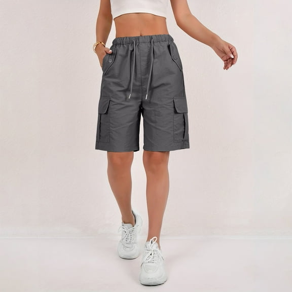 Cyglowse 2025 Cargo Shorts Women Bermuda Shorts Summer Quick Dry High Waisted Long Shorts Drawstring Knee Length Plus Size Ladies Hiking Shorts with Pockets Dark Gray L 8" Inseam
