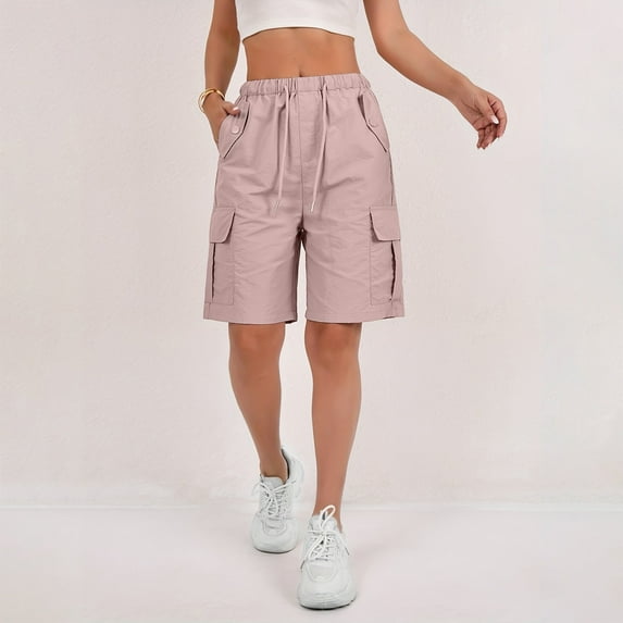 Cyglowse 2025 Cargo Shorts Women Bermuda Shorts Summer Quick Dry High Waisted Long Shorts Drawstring Knee Length Plus Size Ladies Hiking Shorts with Pockets Pink XL 8" Inseam