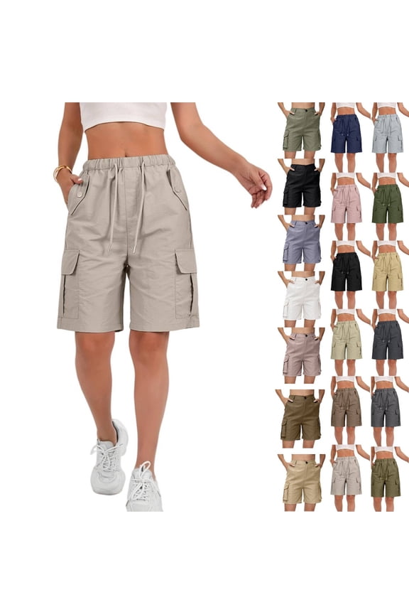 2026 Cargo Shorts Women Bermuda Shorts Summer Quick Dry High Waisted Long Shorts Drawstring Knee Length Plus Size Ladies Hiking Shorts with Pockets Khaki XL 8" Inseam