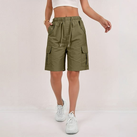 Cyglowse 2025 Cargo Shorts Women Bermuda Shorts Summer Quick Dry High Waisted Long Shorts Drawstring Knee Length Plus Size Ladies Hiking Shorts with Pockets Army Green 2XL 8" Inseam