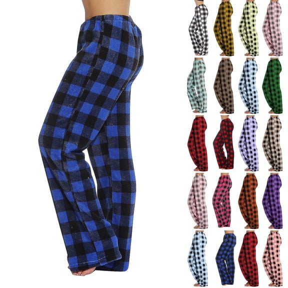 Cyglowse 2026 New Women's Cozy High Waisted Pajama Pants Plaid Fluffy Wide Leg Fleece Pants Bow Tie Lounge Sleep Pants Winter Pj Bottoms Blue XL