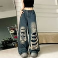 thumbnail image 1 of Cyglowse Baggy Jeans for Women Men Ripped Straight Leg Pants High Waisted Distressed Jeans Y2K Grunge Summer Clothes Blue M, 1 of 6