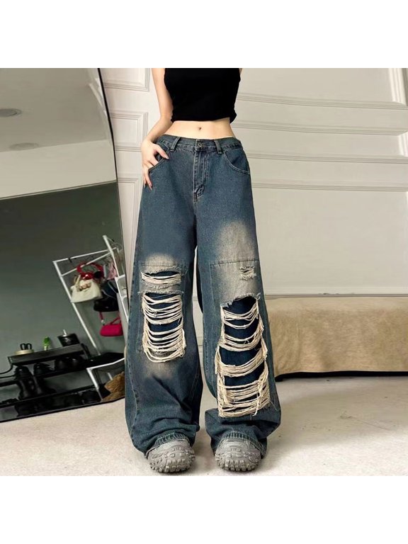 Baggy Jeans for Women Men Ripped Straight Leg Pants High Waisted Distressed Jeans Y2K Grunge Summer Clothes Blue M