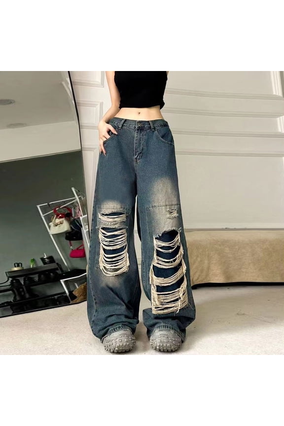 Baggy Jeans for Women Men Ripped Straight Leg Pants High Waisted Distressed Jeans Y2K Grunge Summer Clothes Blue M