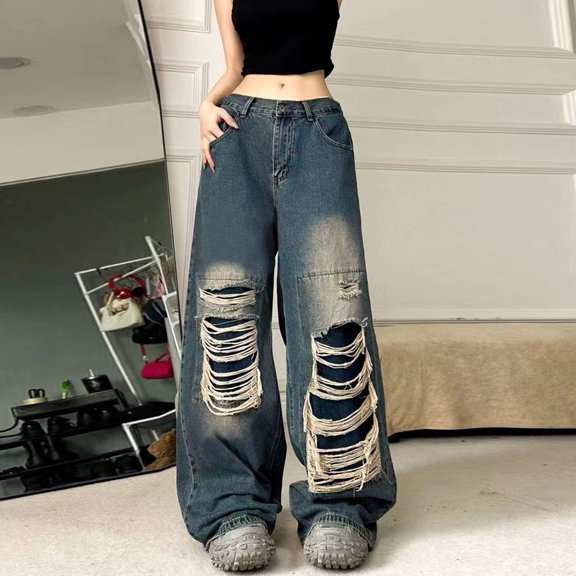 Cyglowse Baggy Jeans for Women Men Ripped Straight Leg Pants High Waisted Distressed Jeans Y2K Grunge Summer Clothes Blue S