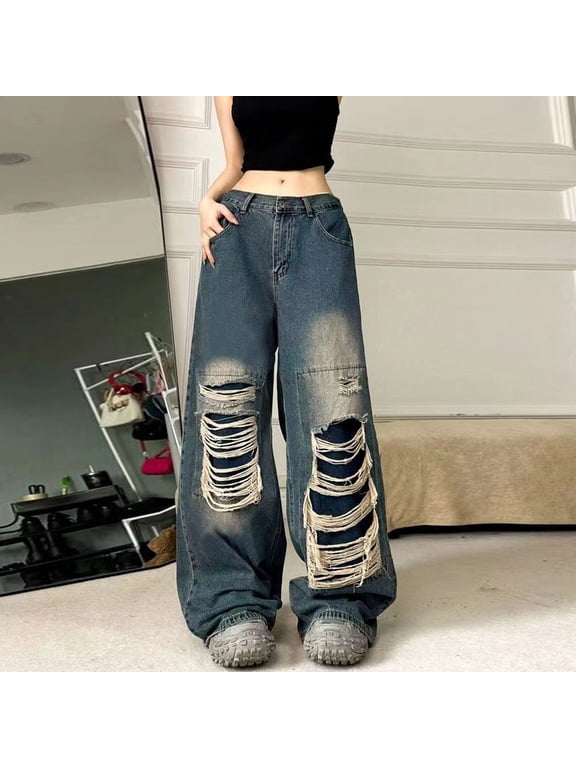 Baggy Jeans for Women Men Ripped Straight Leg Pants High Waisted Distressed Jeans Y2K Grunge Summer Clothes Blue S