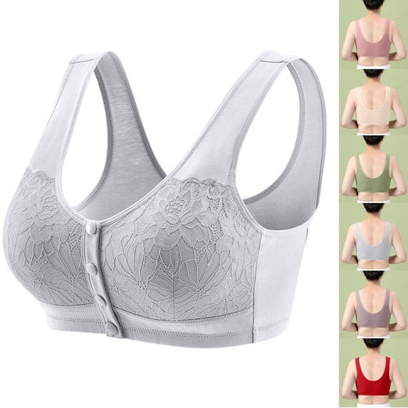 Cyglowse Bra for Seniors - Comfort Front Closure Shaping Bras for Seniors Lace No Underwire Snap Closing Bras Light Gray 36